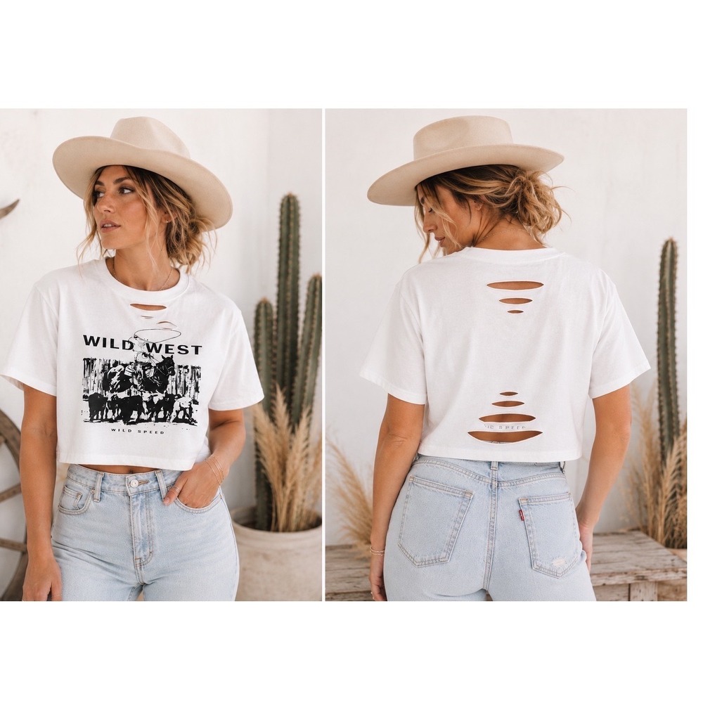 NWT Avanova Graphic Crop Tee L  White Wild West Coastal Cowgirl Distressed